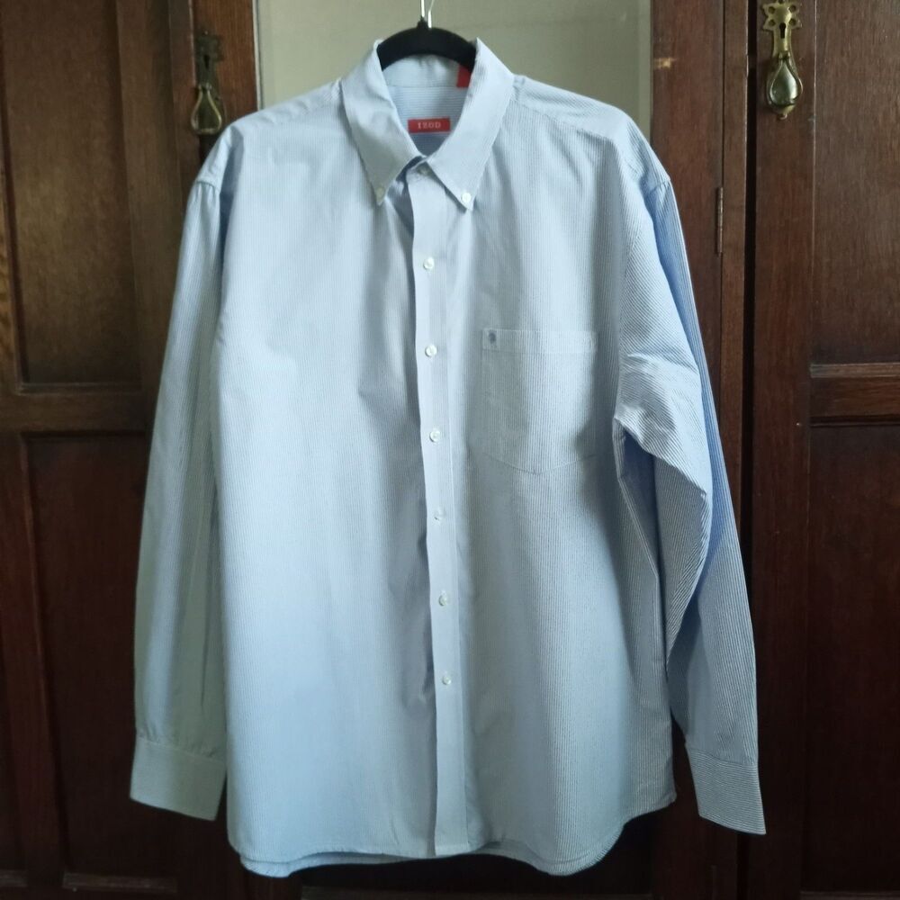Izod Blue White Pinstripe Button Down Dress Shirt SZ L 100% Cotton Collar Cuffs